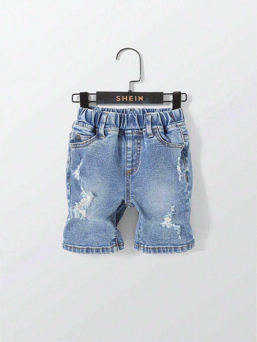 Nuevos shorts vaqueros informales a juego para bebé/niño pequeño con cintura con cordón, estilo desgastado y roto, elásticos y suaves, para primavera/verano 2025 - Azul lavado medio - Ver 1