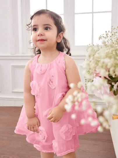 Cute & Elegant Floral Print Sleeveless Dress For Baby Girl, Summer