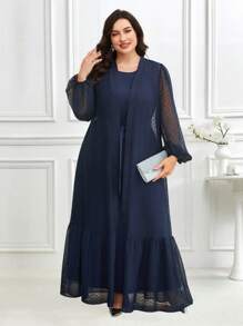 Veilorie Plus Size Solid Sleeveless Tie Waist Robe And Polka Dot Mesh Robe Arabic Outfit