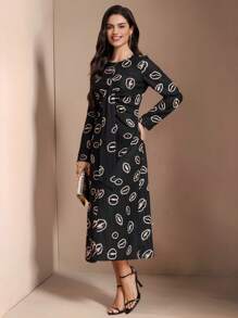 TrendSteals Women's Casual Crew Neck Long Printed Dress - Black - View 5