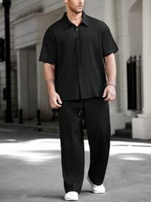 Manfinity Homme Plus Size Men's Casual Versatile Solid Color Shirt & Pants Set Men Co Ords Outfits For Clothes, Formal - Black - View 4
