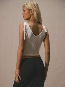 MUSERA Plunge Neck Tie Shoulder Fitted Tank Top  Cute Vacation Casual Work Everyday Casual Fall Back To School Going Out Tops Winter Al Fresco Christmas,Elegant