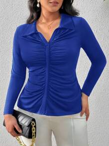 SHEIN Privé Camiseta casual de manga larga con cuello fruncido y color liso para tallas grandes - azul real - Ver 6