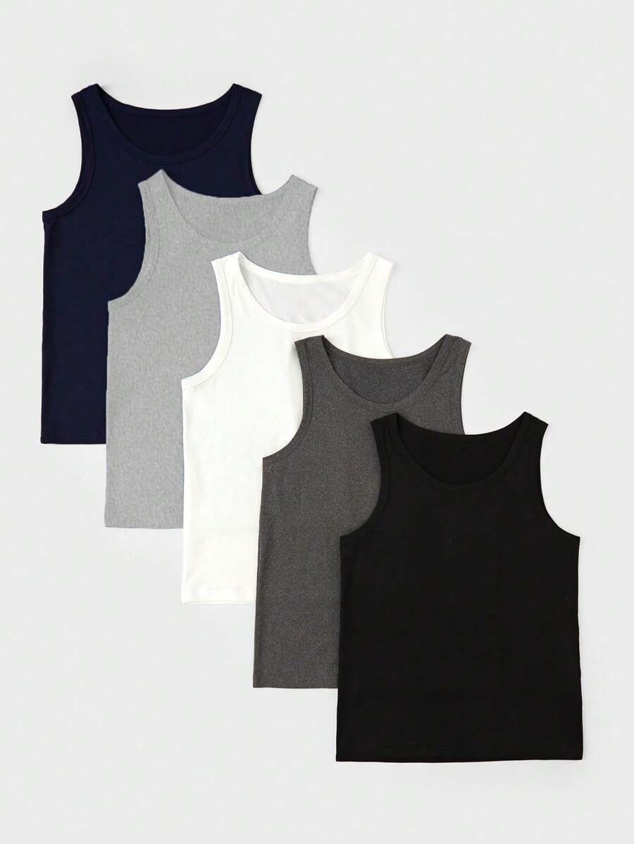 SHEIN Vacaura 5 件套青少年/青年男孩舒适休闲多色无袖汗衫背心，弹性透气针织面料，可机洗，舒适合身，易于护理 - 彩色 - 查看 1