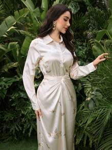 Modelyn 2 件女式印花长袖前纽扣上衣和 A 字裙套装 - 杏色 - 查看 5