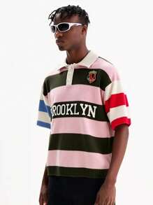 ROMWE MEN Prep Áo thun nam tay ngắn cài nút phía trước với họa tiết chữ tối giản - Nhiều màu - Xem 1