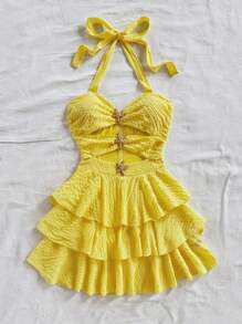 Soleia Gaun Liburan Pantai Musim Panas Berwarna Kuning yang Lucu, Gaun Tamu Pernikahan Gaya Bohemian Barat Warna Krem, Gaun Halter Berlapis Ruffle Tropis Elegan untuk Wisuda & Brunch - Kuning - View 5