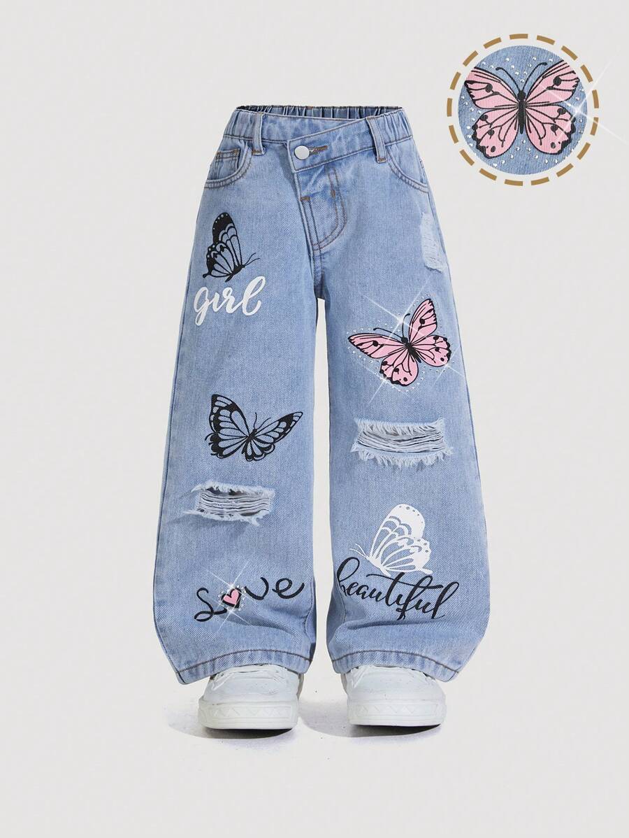 SHEIN Young Girls Jeans - Distressed Light Wash Blue Denim Jeans With Butterfly Print, Rhinestone Decor And Elastic Waist, Loose Fit Wide Leg - Light Wash - View 1