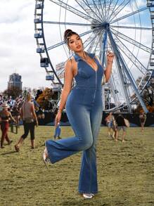 SHEIN ICON Y2K Retro Plus Size Open Back Halter Neck Fitted Flared Denim Jumpsuit Tropical Vacation Woman Clothes Solid Color Simple Sleeveless Denim Jumpsuit For Daily Wear