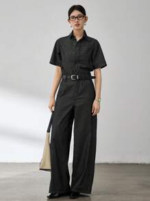 Dazy-Less Women's Summer Casual Button-Front Denim Jumpsuit Old Money Style - Black - View 7