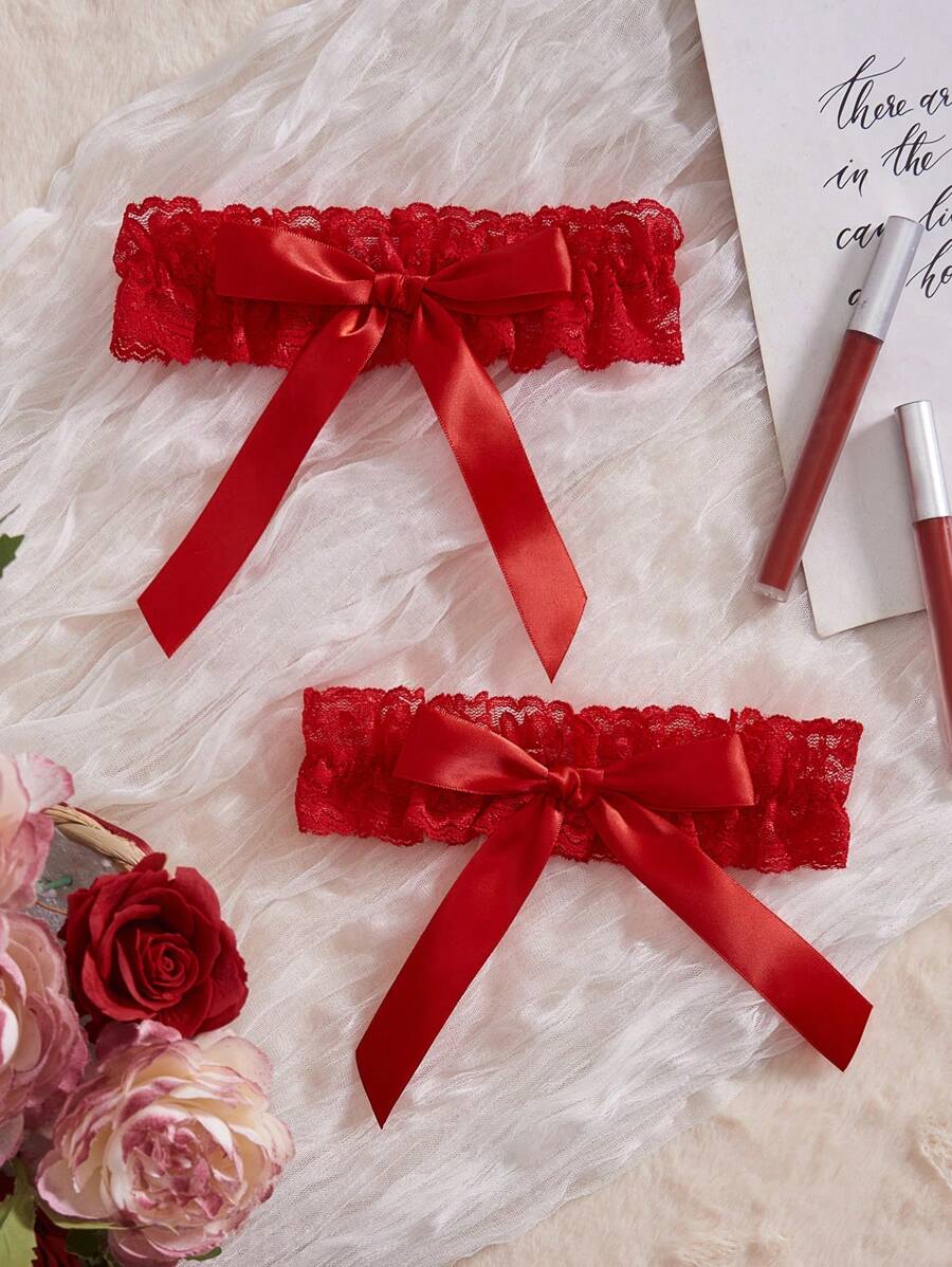 1 Pair Sexy Red Lace Leg Garter With Bow Decor Bowknot