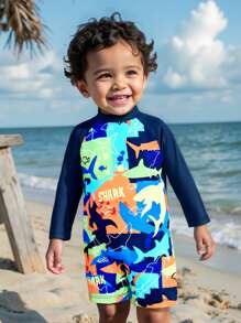 男婴字母印花插肩长袖休闲泳衣（配短裤） - 彩色 - 查看 3