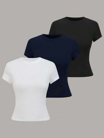 SHEIN LUNE Women Casual Solid Color Short Sleeve T-Shirt, Versatile