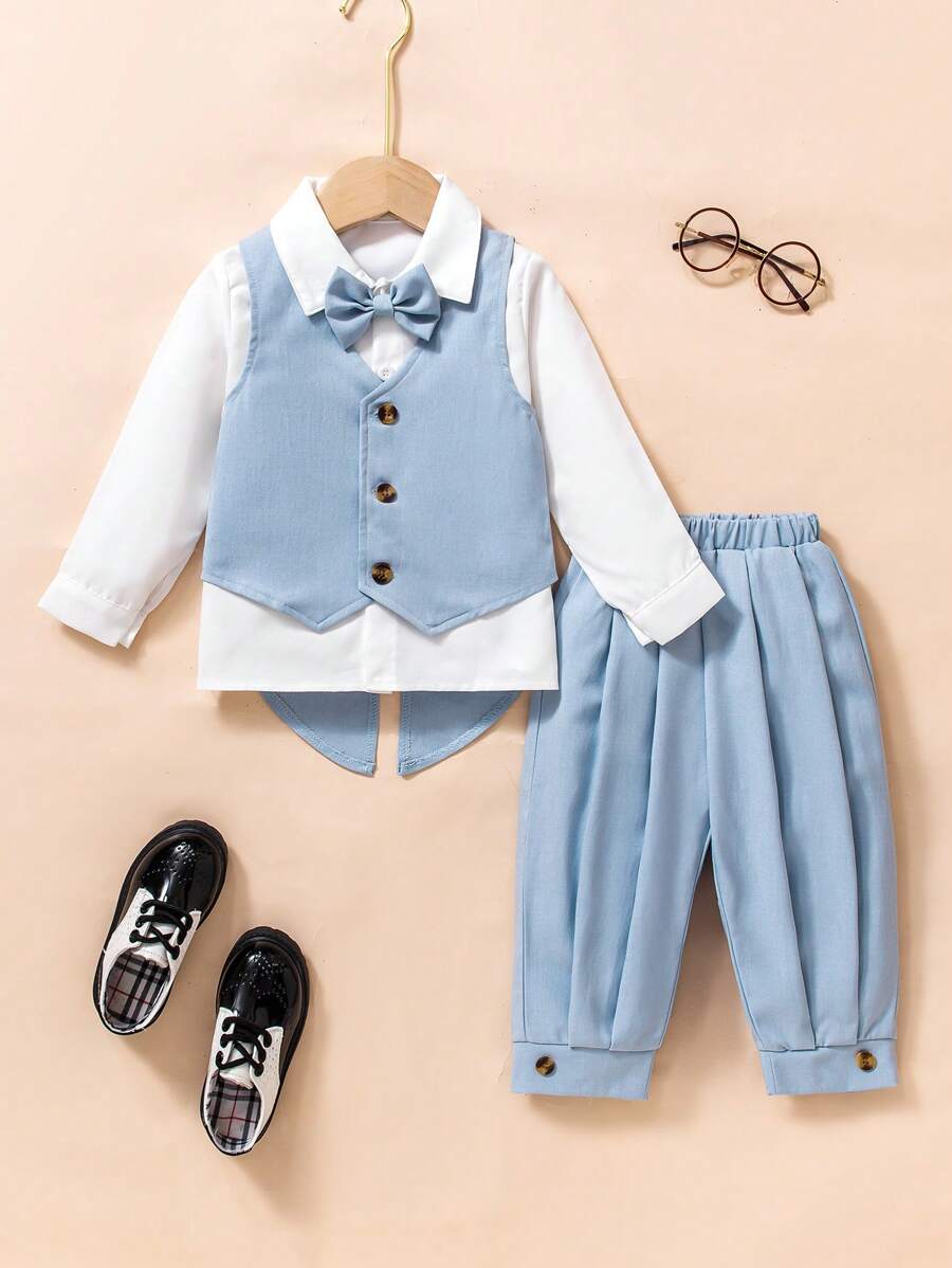 3 件套婴幼儿男孩斋月绅士装，适合节日和聚会 - 藍色 - 查看 1