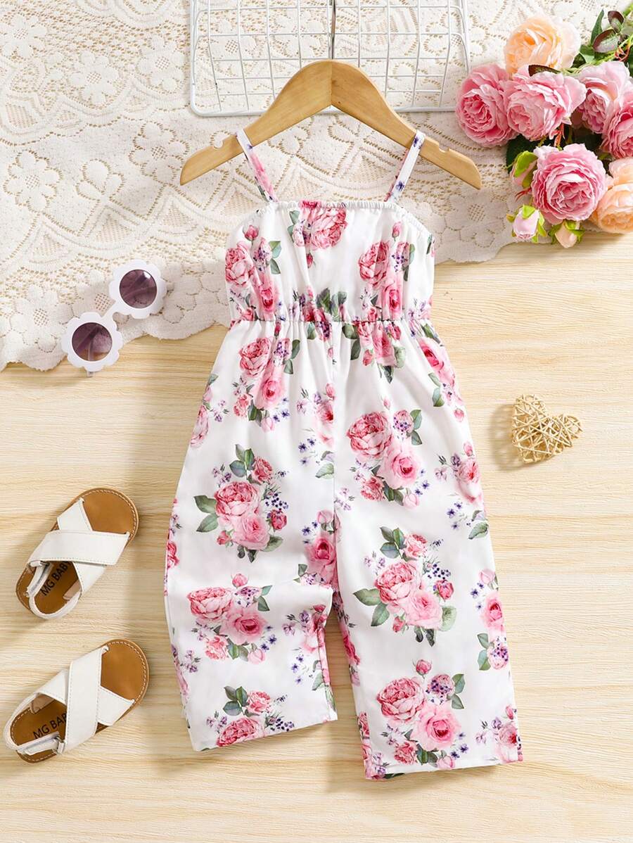 SHEIN 女婴休闲时尚花卉图案连体裤，适合夏季 - 彩色 - 查看 1