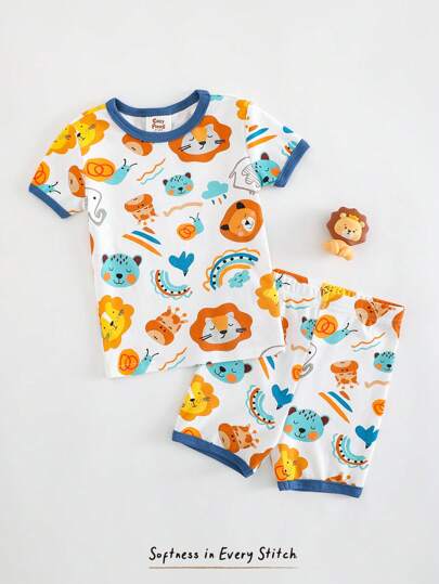 Cozy Pixies 男婴卡通动物印花柔软针织圆领长袖上衣和松紧腰长裤贴身 2 件套睡衣套装