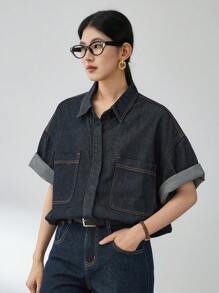 Dazy-Less 女士休闲商务宽松短袖牛仔外套，配有大口袋和缝线细节