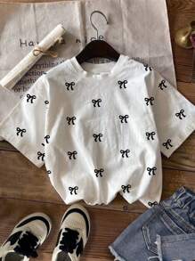 SHEIN Leap Crew 青少年女孩可爱蝴蝶结印花休闲宽松针织 T 恤，夏季 - 彩色 - 查看 1