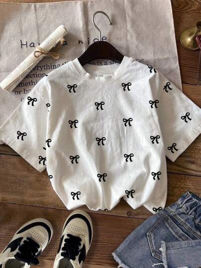 SHEIN Leap Crew Cute Bow Print Casual Loose Knit T-Shirt For Teen Girls, Summer