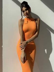 Firerie Valentijnsdag Nieuwe elegante romantische date vakantie oranje asymmetrische wrap voorkant rugloze bodycon maxi-jurk