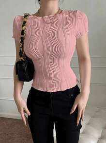INAWLY Women's Solid Color Textured Round Neck Short Sleeve Casual Fitted T-Shirt