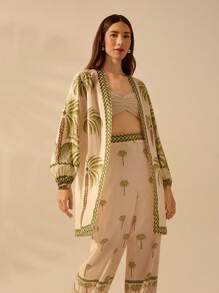 CAJUNI 女士波西米亚风椰子树印花灯笼袖长款和服罩衫夹克，夏季休闲度假海滩罩衫 - 彩色 - 查看 5