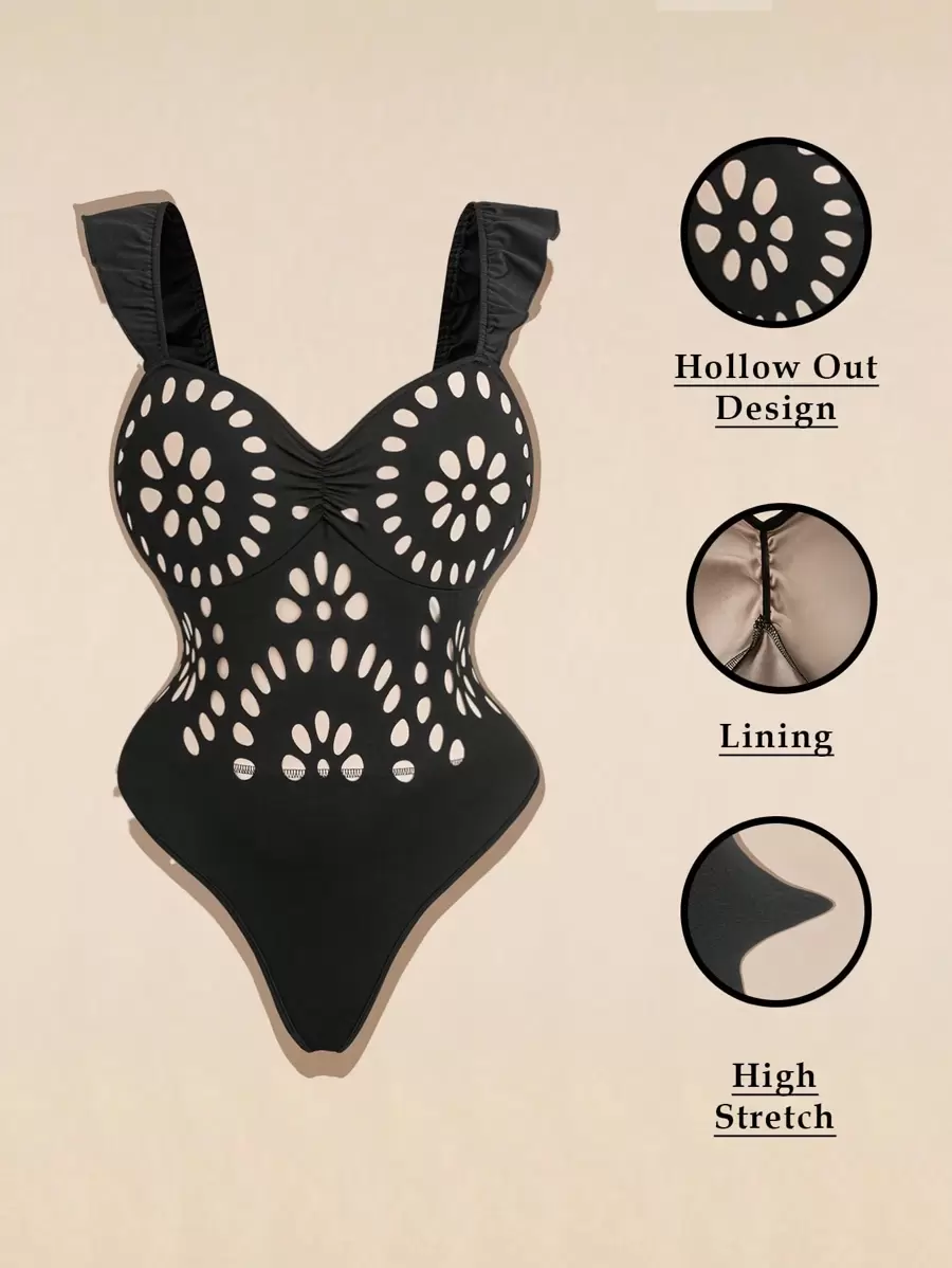 Flirla Body plażowe damskie Hollow Out Floral Plus Size, z krótkim rękawem, dopasowane