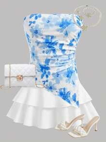 SHEIN 2pcs Set Teen Girls Blue & White Floral Print Crop Top With Ruched Asymmetrical Hem Layered Skirt Holiday Outfits