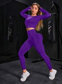 Women's Solid Color Long Sleeve & Long Pants Seamless Activewear Set - Purple - View 3
