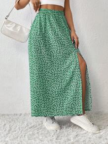 SHEIN VCAY Plus Size Women High Slit Ditsy Floral Casual Skirt - Green - View 6