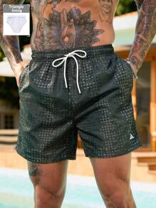 Surfspeed Men's Geometric Print Drawstring Waist Beach Shorts - Army Green - View 1