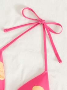 Swim Mod Floral Print Cute & Fashionable Halter Backless Bikini Top For Summer Beach Vacation - Pink - View 6