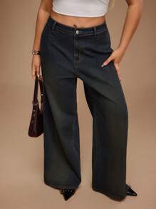 SHEIN Forever 21 Plus Size Women's Extra Long Black Denim Jeans: Wide Leg, Zipper Detail, And Flattering Fit - Black - View 1