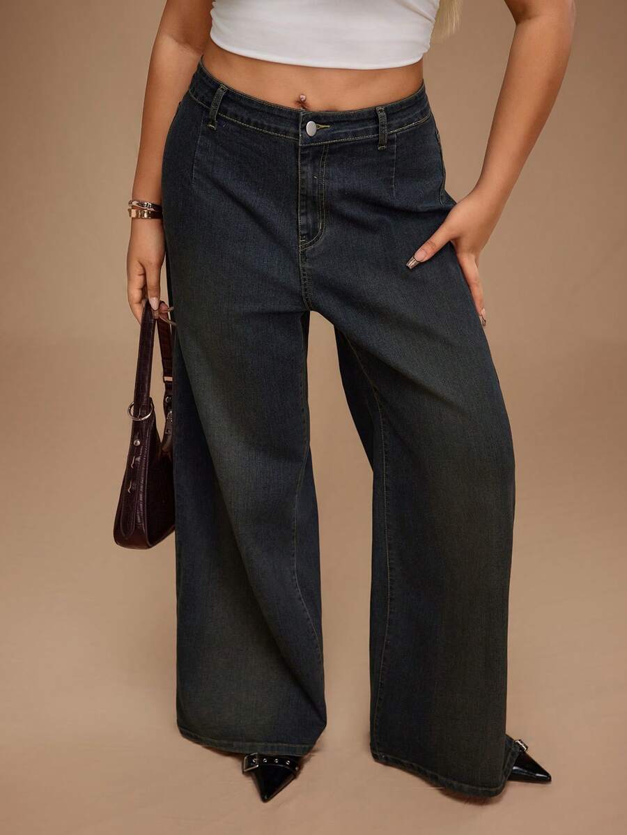 SHEIN Forever 21 Plus Size Women's Extra Long Black Denim Jeans: Wide Leg, Zipper Detail, And Flattering Fit - Black - View 1