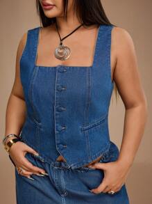 Forever 21 Top en denim décontracté sans manches col carré à simple boutonnage pour femmes grandes tailles
