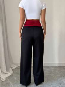 Chiquease Women's High Waist Contrast Splice Removable Belt Wide Leg Pants Fall Cloth For Women - Black - View 2