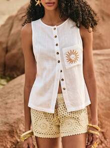 Poéselle 女士无袖圆领太阳刺绣衬衫，度假女装，可爱夏季上衣，外出上衣，沙滩女装，夏季女装 - 白色 - 查看 4