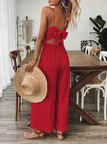 Breezaya Tuta da donna con scollo a V e schienale scoperto, con fiocco e lacci, colore lampone, per primavera/estate