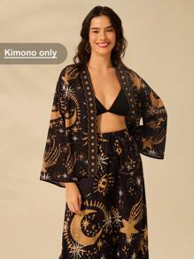 CAJUNI Women's The Sun, The Moon And The Devil's Eye Printed Casual And Boho Long Sleeve Kimono, Perfect For Holiday