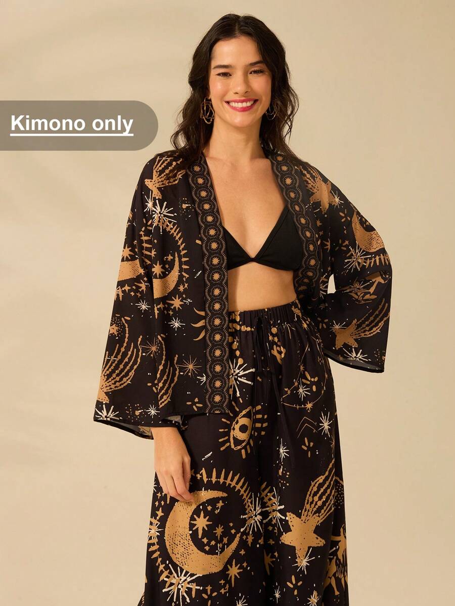 CAJUNI Women's The Sun, The Moon And The Devil's Eye Printed Casual And Boho Long Sleeve Kimono, Perfect For Holiday