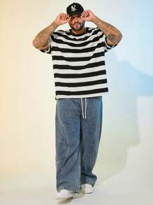 EASEVO Plus Size Men Blue Casual Loose Woven Long Denim Jeans