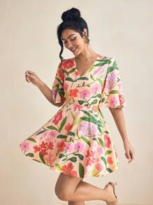 Miriam Omar Pink Floral Print V-Neck Butterfly Sleeve Tie Back Mini Dress Spring And Summer Dress For Women Vacation Sundress, Rave, Pastel, Prom Dress - Pink - View 6