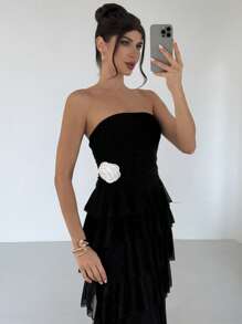 Firerie Women's Modes Elegant Fairycore Romantic Charming Parties Vacations Black Contrast Color Floral Layered Ruffled Midi Dress Graduation Dress Spring/Summer Fairycore Modest - Black - View 6