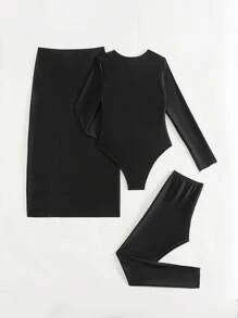 Swim Mulvari Spring 3pcs Set Long Sleeve Burkini Swimwear, Elegant All Black Bodysuit With Long Pants And Asymmetrical Metallic Embellished Beach Dress Set For Summer Beach Vacation