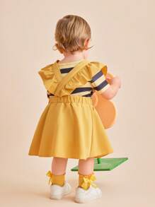 SHEIN Conjunto de 3 piezas para bebé niña (0-3 años): Mono casual con estampado de abeja y rayas, vestido babero, diadema - Amarillo - Ver 2