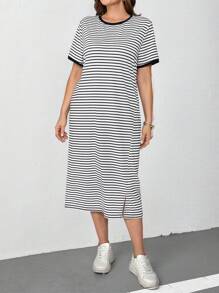 SHEIN Essnce 大码女士夏装、宽松舒适连衣裙、休闲连衣裙、T 恤连衣裙、女士夏季服装狂欢服装节日 - 黑色 - 查看 4