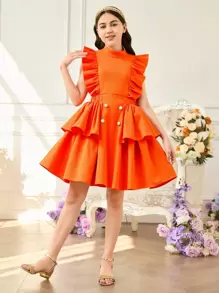 青少年女孩两件套春夏正装 - 亮橙色荷叶边盖袖衬衫和双荷叶边下摆半身裙套装 - 珊瑚橙 - 查看 7