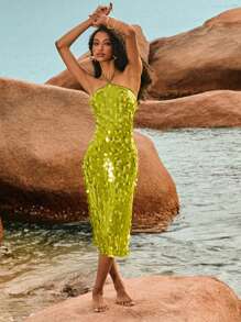 Poéselle 女士度假海滩亮片露背吊带连衣裙