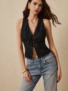 Poéselle 女士性感优雅黑色蕾丝 V 领系带纽扣修身上衣 - 黑色 - 查看 7