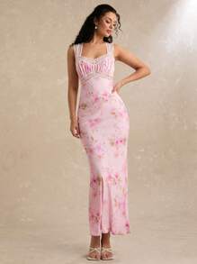 Enchnt Vestido elegante de estampado floral con contraste de encaje y ajuste ceñido para vacaciones de mujer